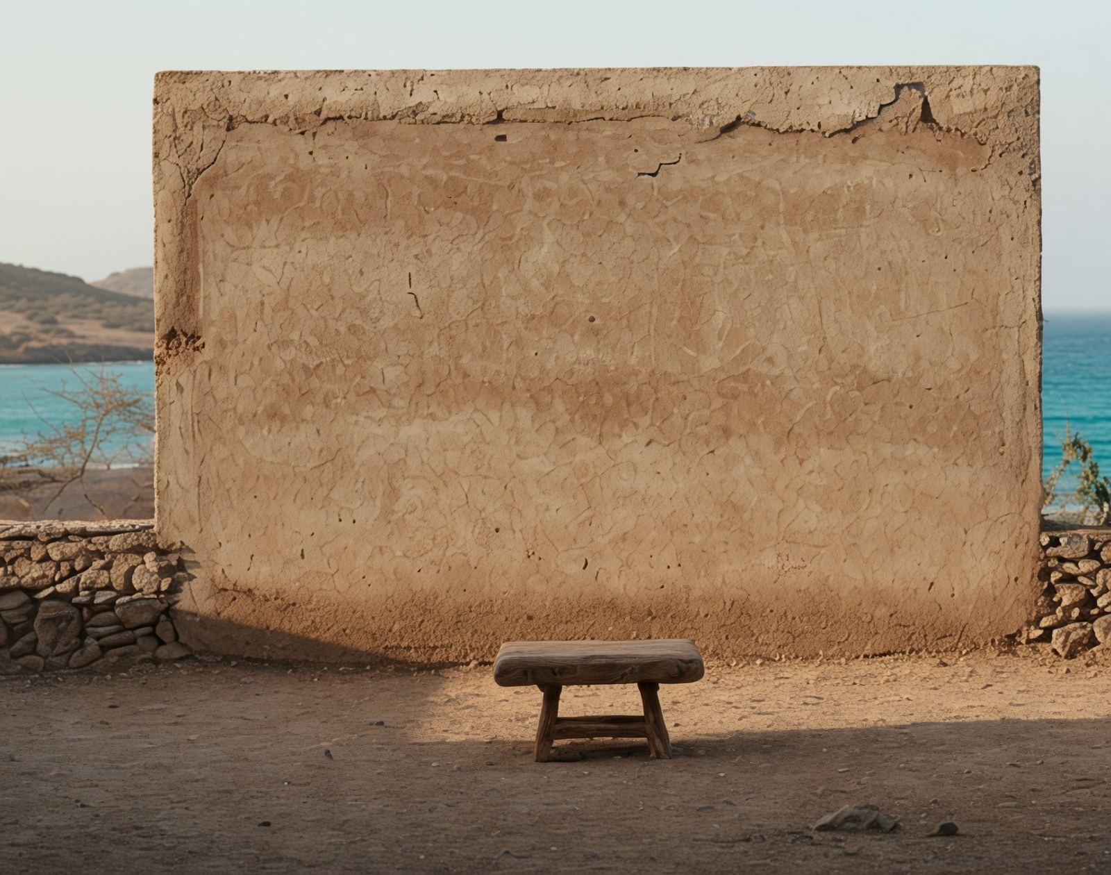 A limewashed earthen wall by the sea, a low wooden bench facing it